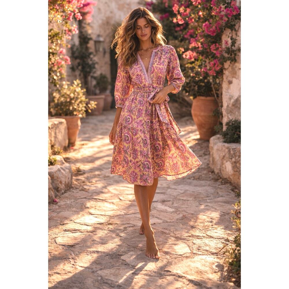 Lola Australia Pacific Dress Malta Pink Yellow Floral Cotton Bohemian Midi XS
